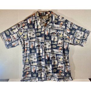 Palm Island Shirt Men XL Short Sleeve Button Lighthouse Fish Flamingo Beach